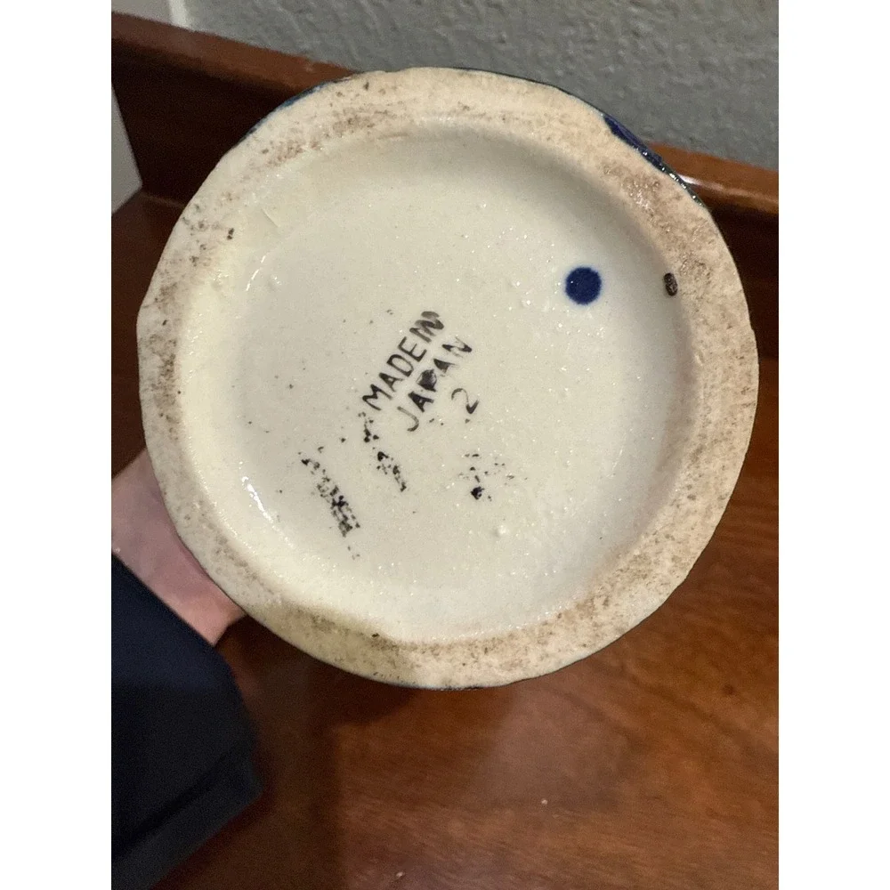 Vintage Japanese Vase Cobalt Blue Orange Landscape Scene Gold Trim Handles 6.75